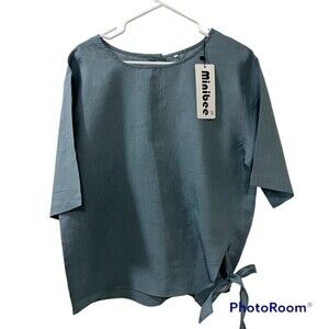 Minibee Linen Blend Dusty Blue Short Sleeve Bowknot Top Shirt Button Back Sz L